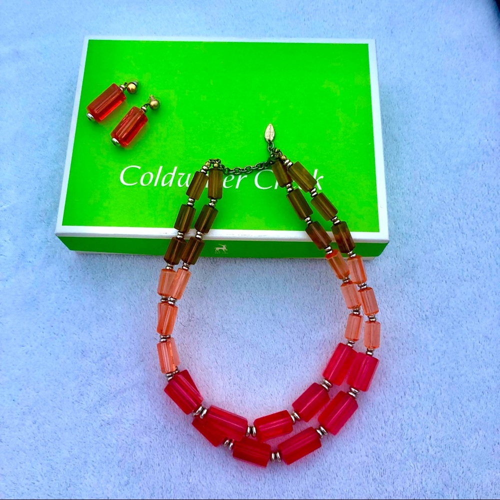 Coldwater Creek Acrylic Necklace Earring Ombré Set Coral/Brown